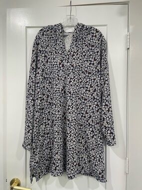 Lands' End XL Floral Cotton Jersey Long Sleeve Swim Coverup Dress Hood Pockets